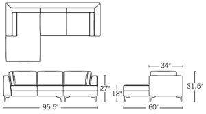 H 31.5; W 95.5; D 34; Chaise D 60; Arm H 26.75; Sofa Seat D 21; Chaise Seat D 46.75;
