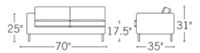 H 31; W 70; D 35; Arm H 25; Seat H 16; Seat D 21 ;