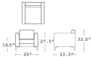 H 31; W 35; D 33.5; Seat H 18; Seat D 21; Arm H 27.5;