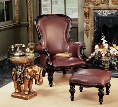 Victorian Rococo Faux Leather Wing Chair and Ottoman