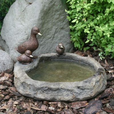 Duck Family with Basin Bronze Garden Sculpture: Lava