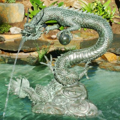 Asian Dragon with Power Orb Solid Bronze Garden Sculpture - Large
