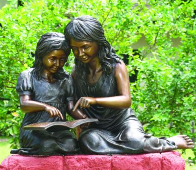 Children Learning to Read Solid Bronze Garden Sculpture