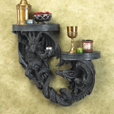 Double Dragon Sculptural Wall Shelf with Candleholders