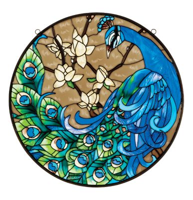 Springtime&rsquo;s Peacock Hand-Painted Glass Art Panel