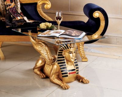 Golden Egyptian Sphinx Glass-Topped Sculptural Table