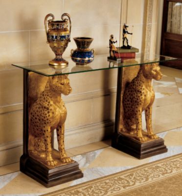 Royal Egyptian Cheetahs Sculptural Glass-Topped Console