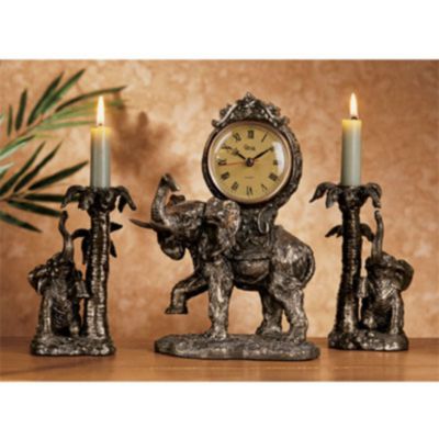 Pachyderms Passage Clock and Candlesticks Ensemble