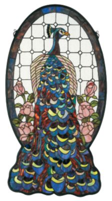 Blue Peacock with Roses Stained Glass Window
