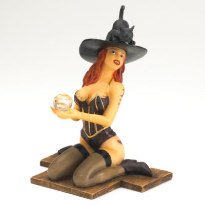 Modern Witch with Crystal Ball and Black Cat Sculpture