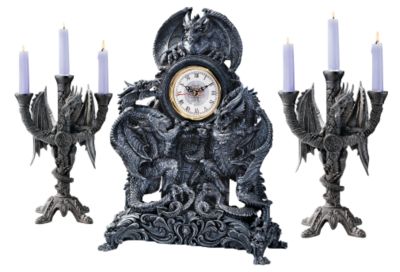 Twilight Marauders Sculptural Dragon Clock and Gothic Candelabra Ensemble