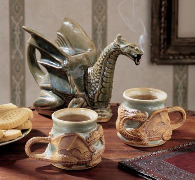 English Stoneware Dragon Teapot and Mugs