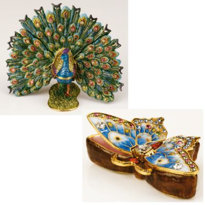 Peacock and Butterfly Faberge-Style Collectible Enameled Box Set