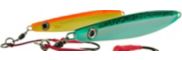 Florescent Orange/Gold and Green Mackerel, rigged, angled left side shot