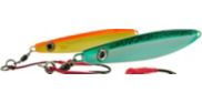 Florescent Orange/Gold and Green Mackerel, rigged, angled left side shot