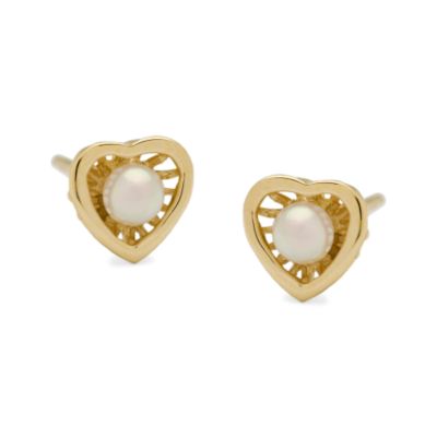 3mm Cultured Pearl Heart Earrings in 14kt Yellow Gold &mdash; Alt Image 1