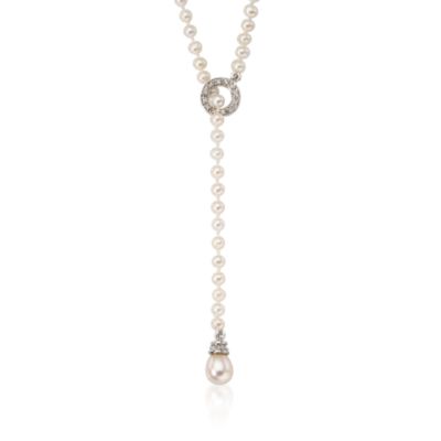 2.5-3mm Cultured Pearl and Diamond Lariat Necklace in 14kt White Gold. 24" &mdash; Alt Image 1