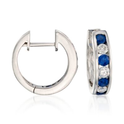 .80 ct. t.w. Sapphire and .40 ct. t.w. Diamond Hoop Earrings In 14kt White Gold  &mdash; Alt Image 1