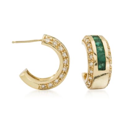 1.40 ct. t.w. Emerald and .80 ct. t.w. Diamond Hoop Earrings In 14kt Yellow Gold &mdash; Alt Image 1