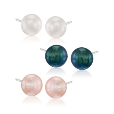 Three Pairs of 8-8.5mm Multicolored Cultured Pearl Earrings in Sterling Silver &mdash; Alt Image 1