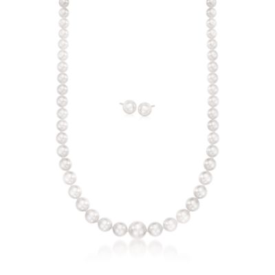 Mikimoto 7x4mm A1 Akoya Pearl Necklace & Studs Boxed Set in 18kt White Gold. 17" &mdash; Alt Image 1