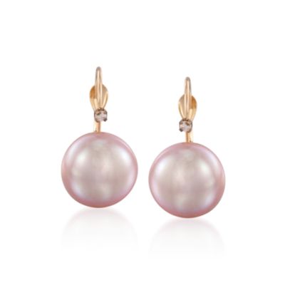 10mm Pink Cultured Pearl Earrings With Diamond Accents In 14kt Yellow Gold &mdash; Alt Image 1