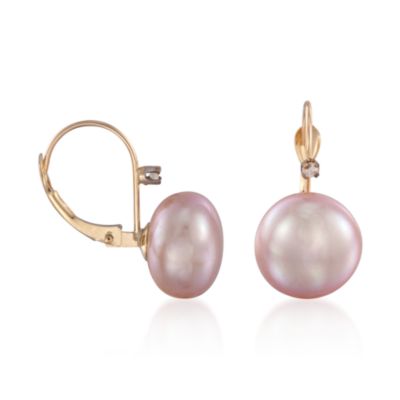 10mm Pink Cultured Pearl Earrings With Diamond Accents In 14kt Yellow Gold &mdash; Alt Image 3