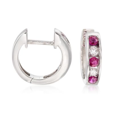 .30 ct. t.w. Ruby and .15 ct. t.w. Diamond Hoop Earrings In 14kt White Gold  &mdash; Alt Image 1