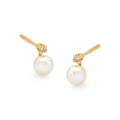 Child's 4mm Pearl Earrings With Diamond Accents  in 14kt Yellow Gold &mdash; Alt Image 1