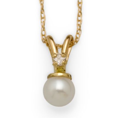 Child's Pearl and Diamond Accent Necklace in 14kt Yellow Gold . 15" &mdash; Alt Image 1