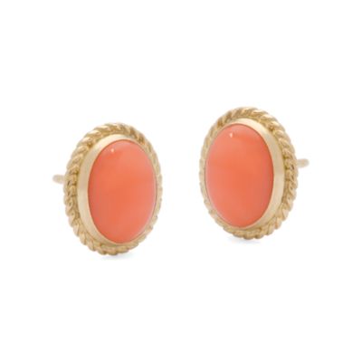 Oval Coral Cabochon Stud Earrings in  Textured 14kt Yellow Gold    &mdash; Alt Image 1