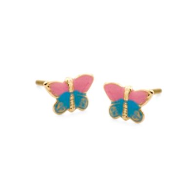 Child's 14kt Yellow Gold Pink and Blue Enamel Butterfly Earrings &mdash; Alt Image 1