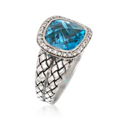 Scott Kay 4.34 Carat London Blue Topaz Ring With Diamonds in Sterling Silver. Size 7 &mdash; Alt Image 2
