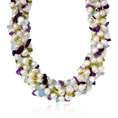 6.75 ct. t.w. Multi-Gem and 6-9mm Cultured Pearl Torsade Necklace In Sterling Silver. 17" &mdash; Alt Image 1