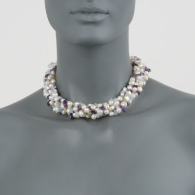 6.75 ct. t.w. Multi-Gem and 6-9mm Cultured Pearl Torsade Necklace In Sterling Silver. 17" &mdash; Alt Image 2