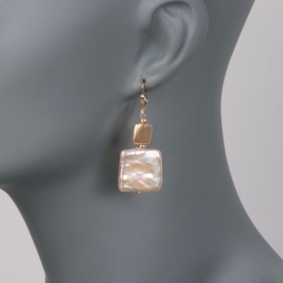 Biwa Square Pearl Earrings in 14kt Yellow Gold &mdash; Alt Image 2