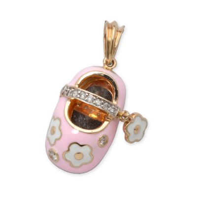 Pink Enamel and Diamond Baby Shoe Pendant In 14kt Yellow Gold &mdash; Alt Image 1