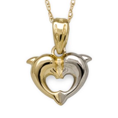 Child's 14kt Two-Tone Gold Kissing Dolphin Necklace. 15" &mdash; Alt Image 1