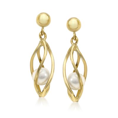 4mm Pearl Dangle Earrings in 14kt Yellow Gold &mdash; Alt Image 1