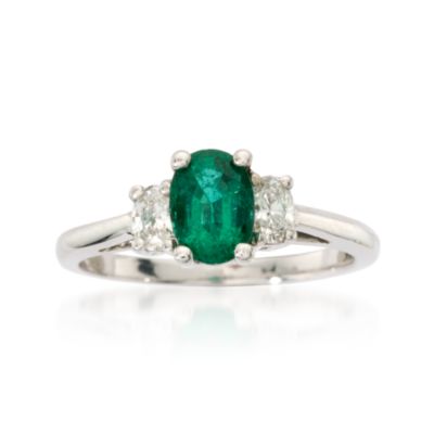 .75 Carat Emerald and Diamond Three Stone Ring In 18kt White Gold. Size 7 &mdash; Alt Image 1