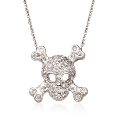 Roberto Coin "Tiny Treasures" .20 ct. t.w. Pave Diamond Skull and Crossbone Pendant Necklace in 18kt White Gold. 18" &mdash; Alt Image 1