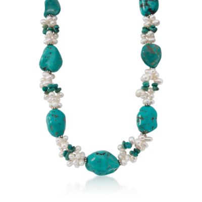Turquoise and 4-6mm Cultured Pearl Necklace in Sterling Silver. 16" &mdash; Alt Image 1