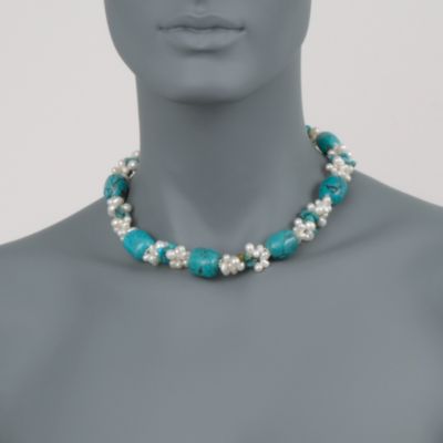 Turquoise and 4-6mm Cultured Pearl Necklace in Sterling Silver. 16" &mdash; Alt Image 2