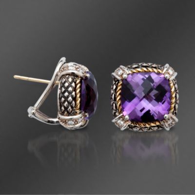 Andrea Candela 9.60 ct. t.w. Amethyst With .20 ct. t.w. Diamond Earrings in 18kt Gold and Textured Sterling   &mdash; Alt Image 1