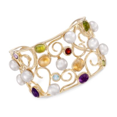 9mm Pearl and 9.05 ct. t.w. Multi-Gemstone Cuff Bracelet in 18kt Over Sterling. Adjustable Size &mdash; Alt Image 1