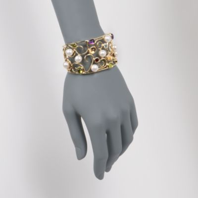 9mm Pearl and 9.05 ct. t.w. Multi-Gemstone Cuff Bracelet in 18kt Over Sterling. Adjustable Size &mdash; Alt Image 2