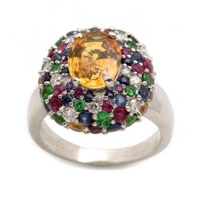 C. 1990 3.21 Carat Yellow Sapphire Ring With Diamonds, Rubies, and Garnets. Size 8.75 &mdash; Alt Image 1