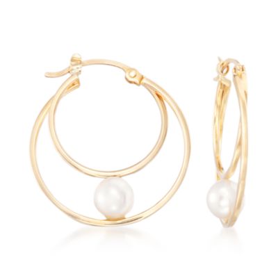 6mm Cultured Pearl Double Hoop Earrings in 14kt Yellow Gold &mdash; Alt Image 1