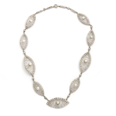 C. 1965 Vintage 5.25 ct. t.w. Diamond and Cultured Pearl Necklace. 15" &mdash; Alt Image 1
