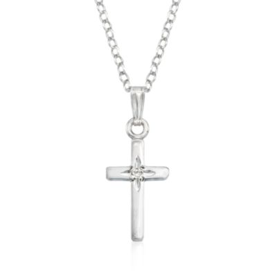 Child's Sterling Silver Cross Necklace With Diamond. 13" &mdash; Alt Image 1